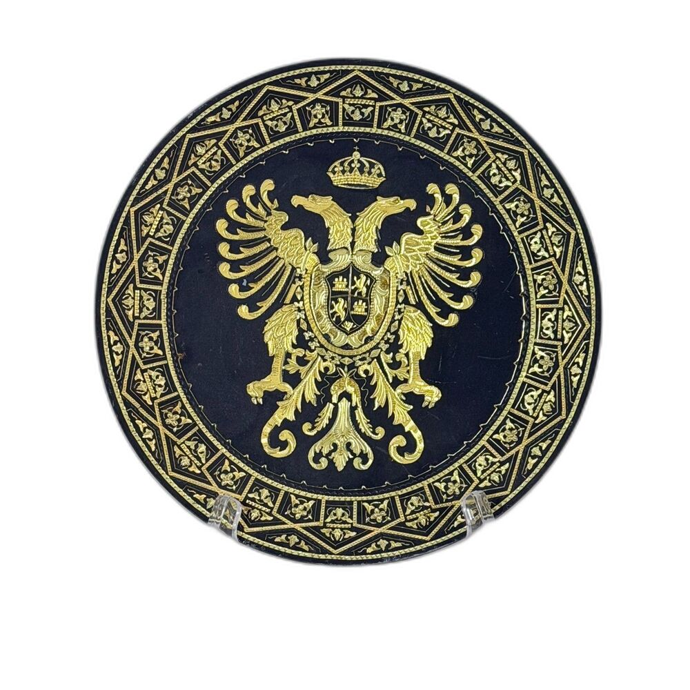 VTG Toledo Plate Damascene 24k Gold Plate Spanish Coat of Arms Double Head Plate